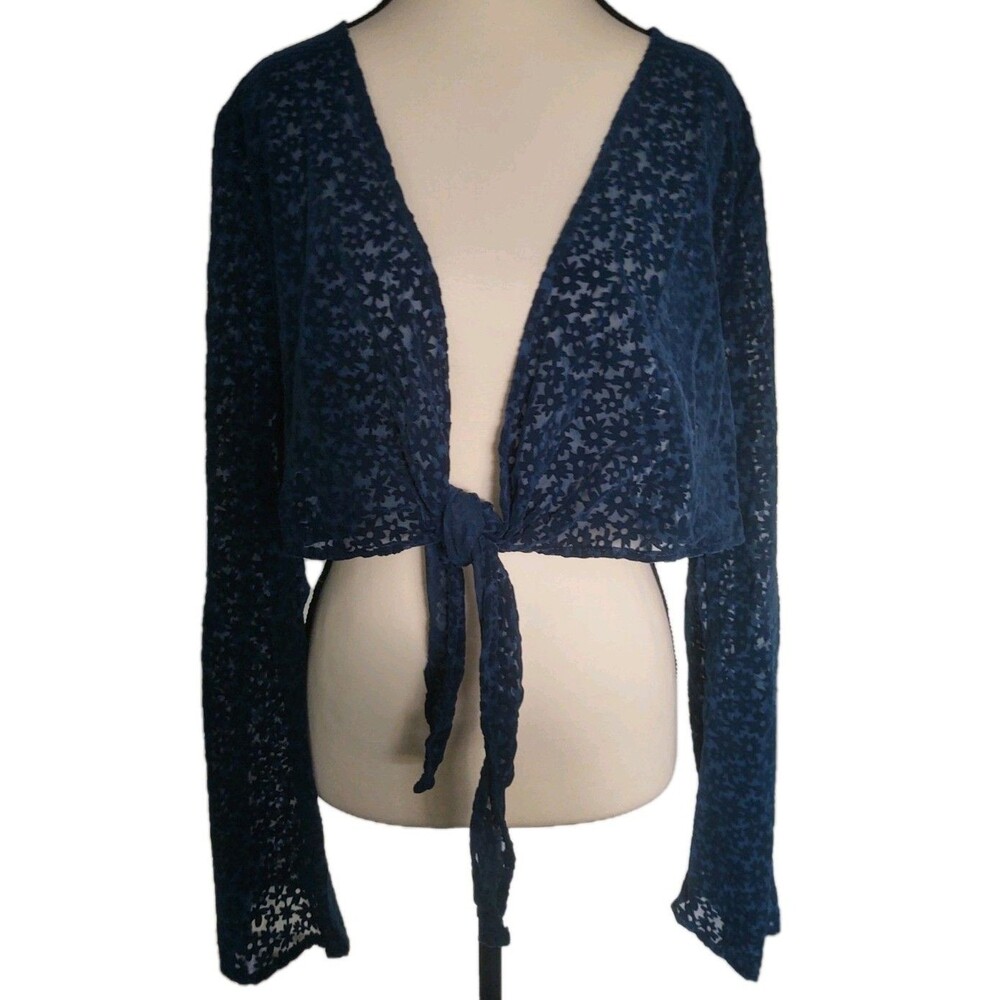 Dark Teal Wild Fable LS Tie Front Floral Flared Sleeve Crop Top Sheer NEW Sz S